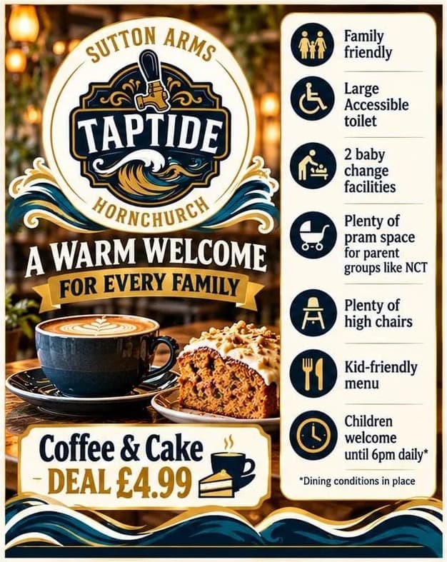 A warm welcome for every family: family friendly, large accessible toilet, 2 baby change facilities, plenty of pram space for parent groups like NCT, plenty of high chairs, kid-friendly menu, children welcome until 6pm daily (dining conditions in place). Coffee and cake deal £4.99.
